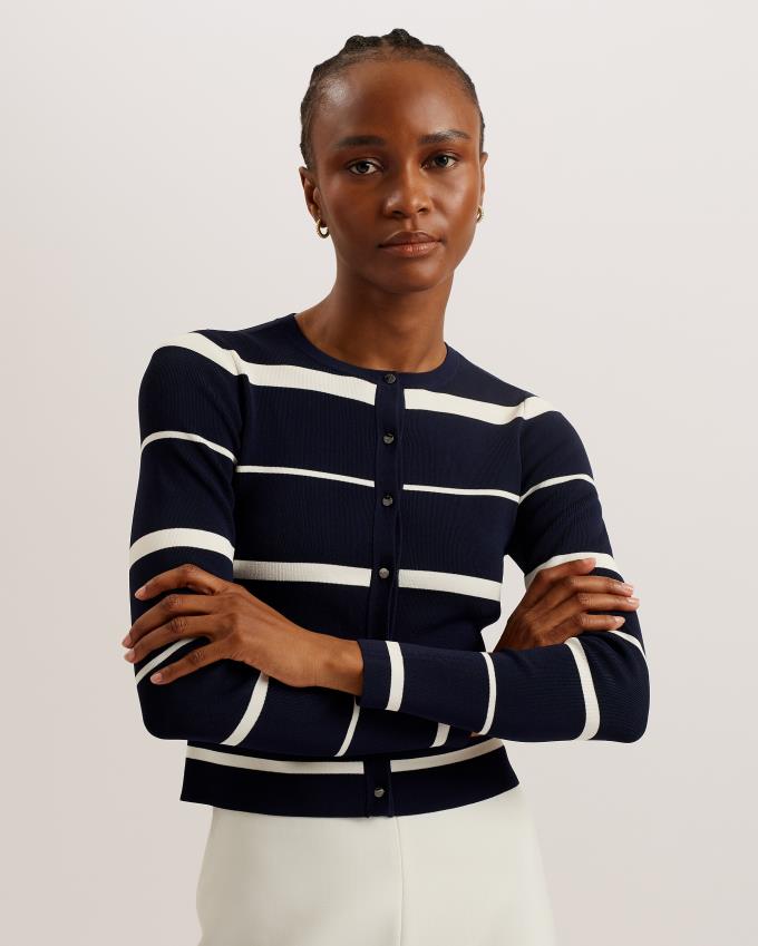 Cardigan Ted Baker Striped Crew Neck Fitted Bleu Marine Femme | AXL-19868005